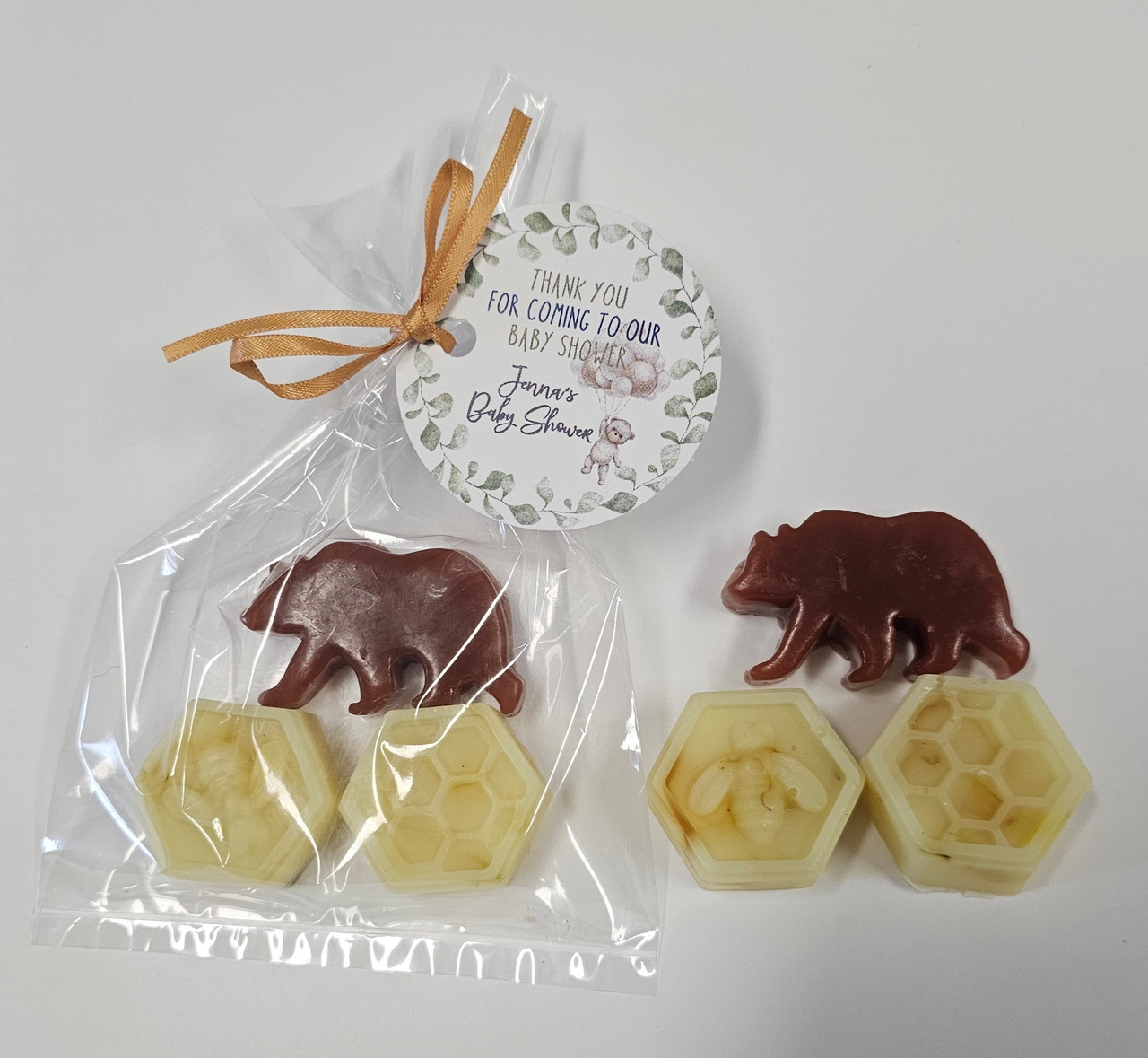 bear with bee soap party favor with personalized tags